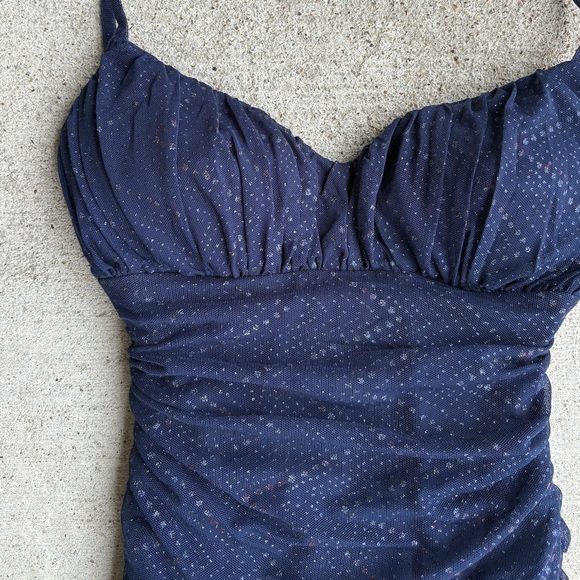 Navy Blue Ruffle Glittery Mesh Ruched Mini Dress - Picture 4 of 7